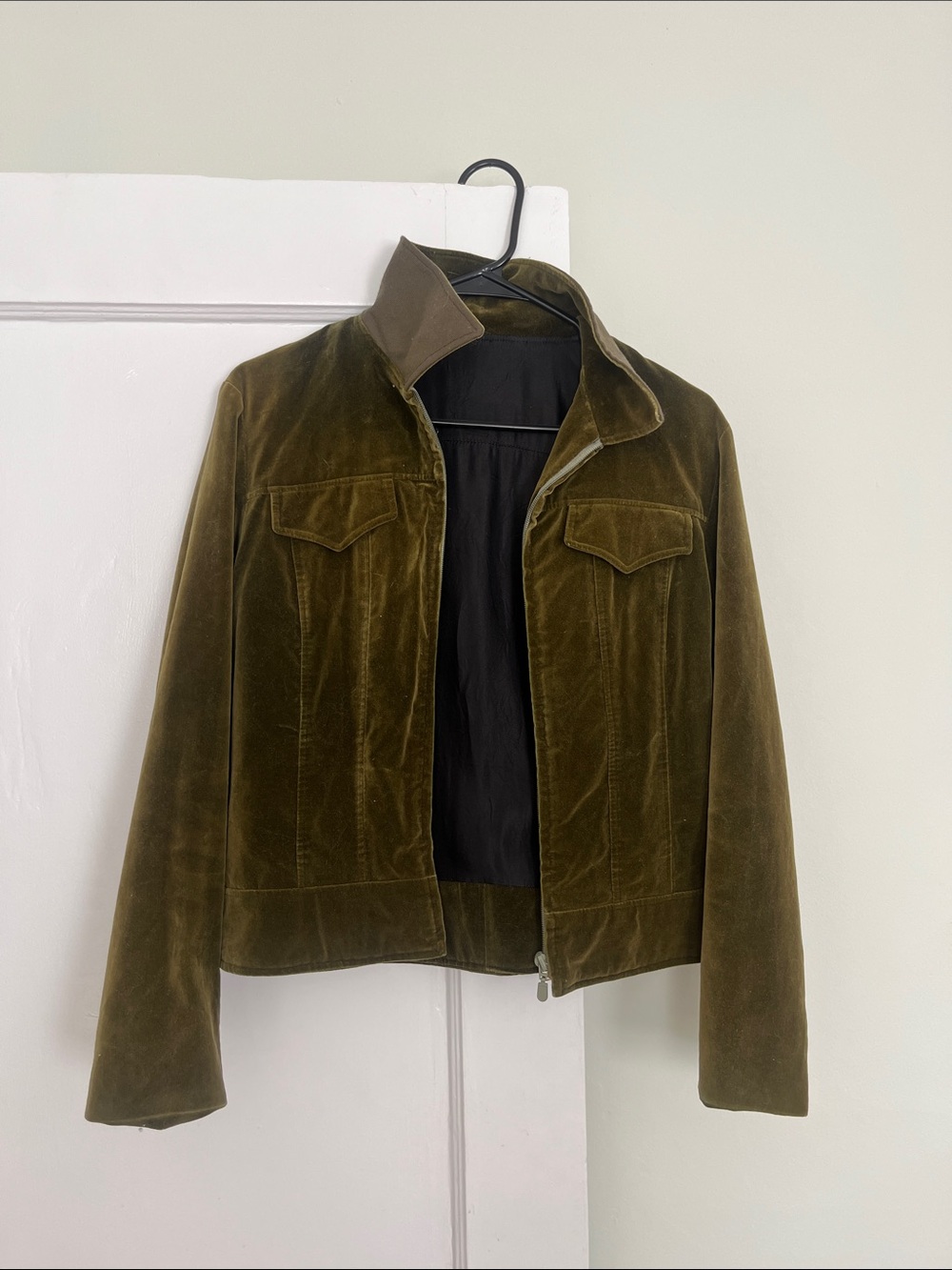 Olive Green Velvet Zip-Front Women's Jacket